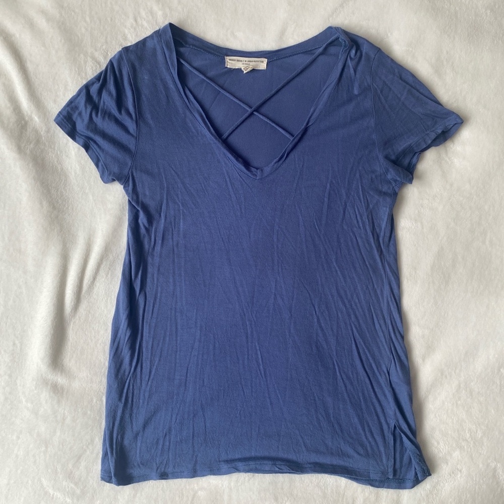 Urban Outfitters Project Social T Blue Criss-Cross V-Neck Tee